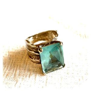 R1608 Retired Silpada Aqua Glass Sterling Ring Sz7